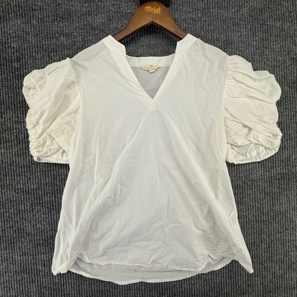 Entro Puff Sleeve Blouse Womens Medium White Excellent V-Neck Cotton T20203‎